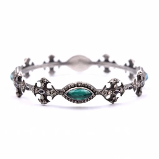 Armenta New World Sterling Silver, Malachite, Sapphire and Champagne Diamond Bangle
