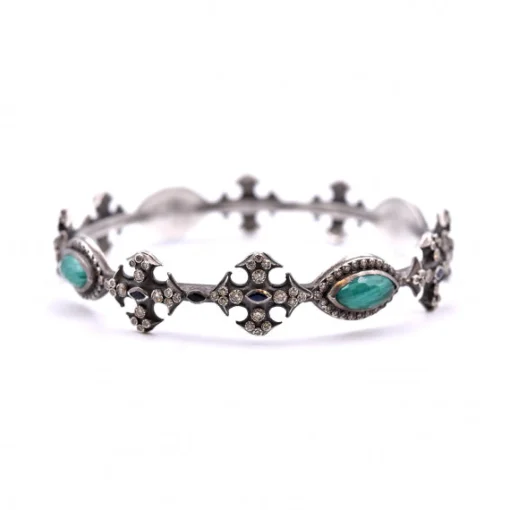 Armenta New World Sterling Silver, Malachite, Sapphire and Champagne Diamond Bangle