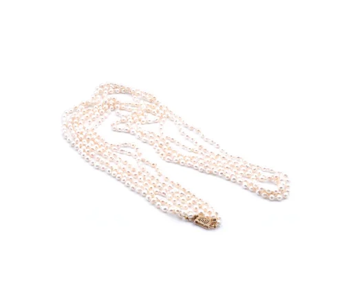 Baroque Seed Pearl Triple Strand Necklace with 14 Karat Yellow Gold Clasp