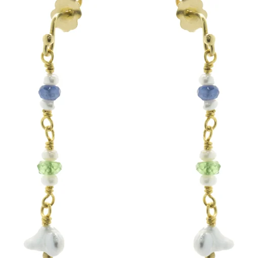 Beau Soleil 18/22 Karat Yellow Gold Pearl, Tourmaline, and Sapphire Drop Earrings