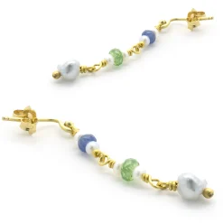 Beau Soleil 18/22 Karat Yellow Gold Pearl, Tourmaline, and Sapphire Drop Earrings