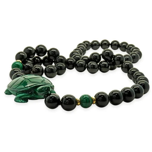 Black Onyx and Malachite Turtle Beaded Necklace
