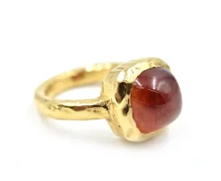 Cabochon Red Tourmaline 14k Yellow Gold Hammered Ring