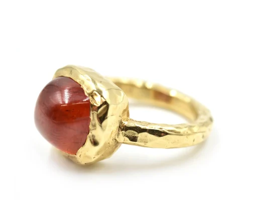 Cabochon Red Tourmaline 14k Yellow Gold Hammered Ring