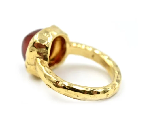 Cabochon Red Tourmaline 14k Yellow Gold Hammered Ring