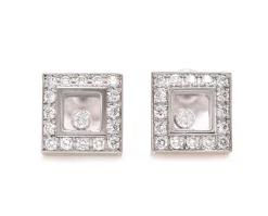 Chopard 18 Karat White Gold Happy Diamond Square Stud Earrings