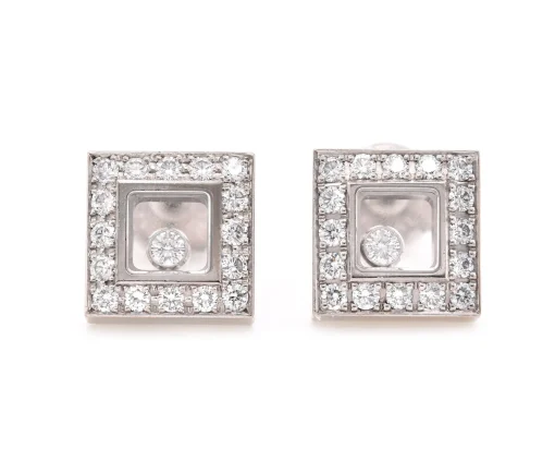 Chopard 18 Karat White Gold Happy Diamond Square Stud Earrings