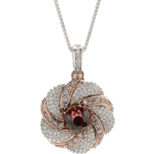 Chromia 18 Karat Rose and White Gold Red Tourmaline and Pave Diamond Flower Necklace