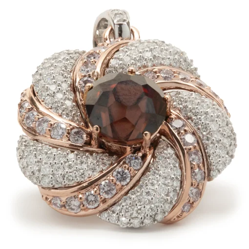 Chromia 18 Karat Rose and White Gold Red Tourmaline and Pave Diamond Flower Necklace