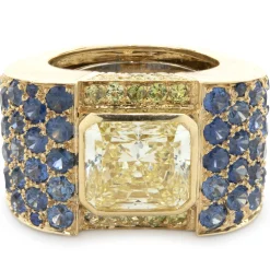 David Webb Custom Designed Fancy Yellow Diamond and Sapphire Cocktail Ring