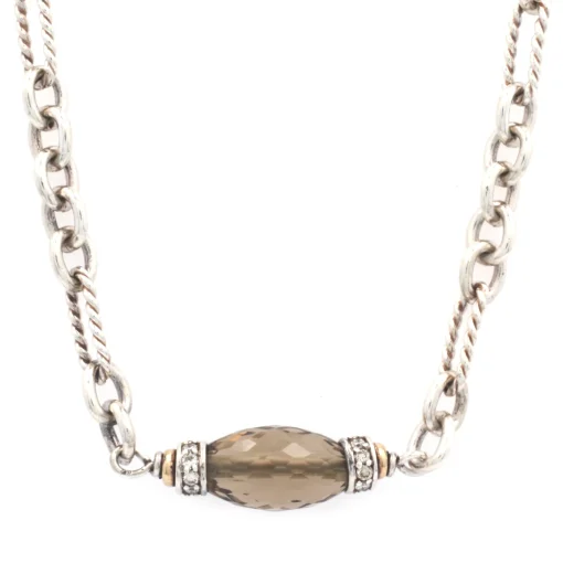David Yurman Sterling Silver and 18 Karat Yellow Gold Smoky Quartz and Diamond Figaro Bijoux Necklace