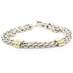 David Yurman Sterling Silver & 18 Karat Yellow Gold Double Row Bracelet with Ribbed Stations