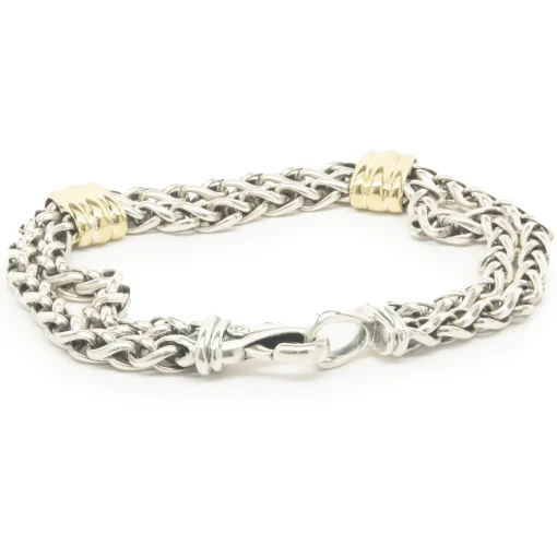 David Yurman Sterling Silver & 18 Karat Yellow Gold Double Row Bracelet with Ribbed Stations