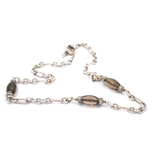 David Yurman Sterling Silver and 18 Karat Yellow Gold Smoky Quartz and Diamond Figaro Bijoux Necklace