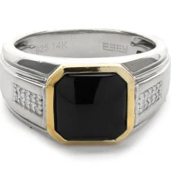 Effy Sterling Silver and 14 Karat Yellow Gold Black Onyx and Diamond Ring