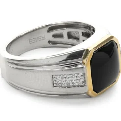 Effy Sterling Silver and 14 Karat Yellow Gold Black Onyx and Diamond Ring