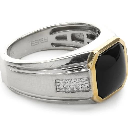 Effy Sterling Silver and 14 Karat Yellow Gold Black Onyx and Diamond Ring
