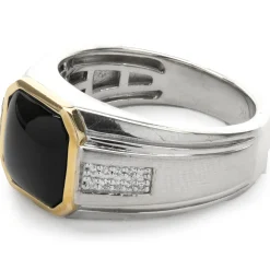 Effy Sterling Silver and 14 Karat Yellow Gold Black Onyx and Diamond Ring