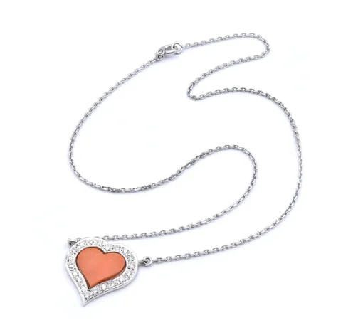 Fred 18 Karat White Gold Coral and Diamond Heart Necklace