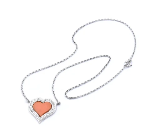 Fred 18 Karat White Gold Coral and Diamond Heart Necklace