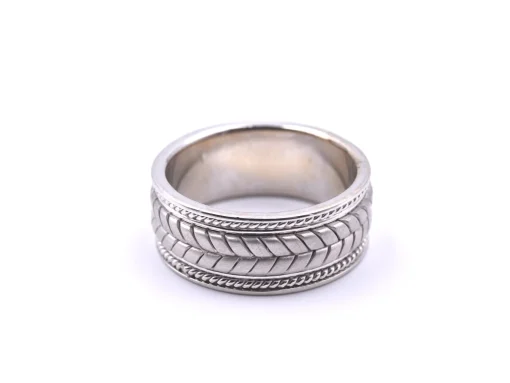 Gents 14k White Gold Carved Rope Band