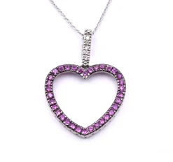 14k White Gold Diamond and Pink Sapphire Heart Necklace