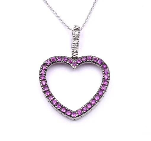 14k White Gold Diamond and Pink Sapphire Heart Necklace