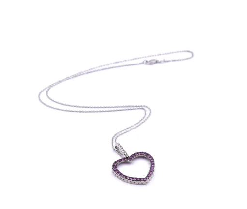 14k White Gold Diamond and Pink Sapphire Heart Necklace