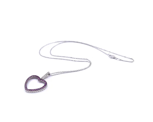 14k White Gold Diamond and Pink Sapphire Heart Necklace