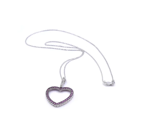14k White Gold Diamond and Pink Sapphire Heart Necklace