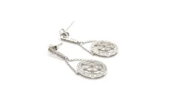 14k White Gold Diamond Circle Dangling Earrings