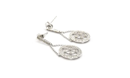 14k White Gold Diamond Circle Dangling Earrings