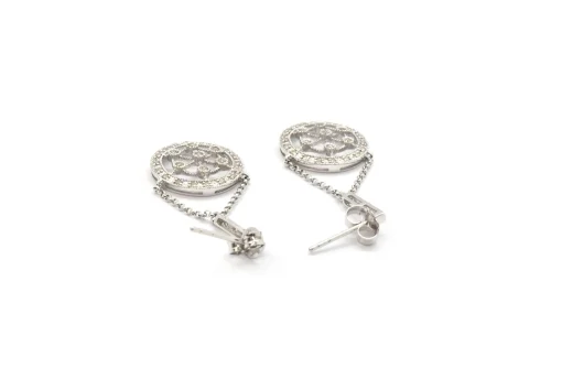 14k White Gold Diamond Circle Dangling Earrings