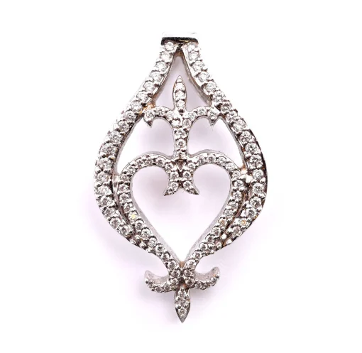 18k White Gold Diamond Fleur De Lis and Heart Pendant