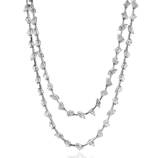 14k White Gold Double Row Multi-Shaped Diamond Necklace