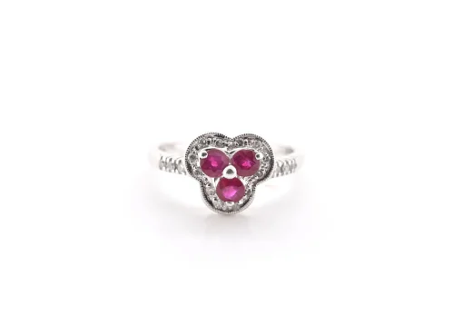 14k White Gold Ruby Trio and Diamond Ring