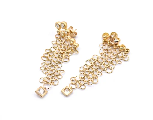 18k Yellow Gold Diamond Mesh Dangle Earrings