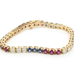 14k Yellow Gold Diamond, Ruby, and Sapphire Tennis Bracelet