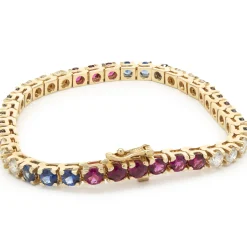14k Yellow Gold Diamond, Ruby, and Sapphire Tennis Bracelet