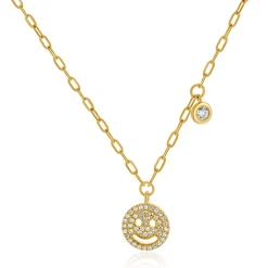 14k Yellow Gold Diamond Smiley Face Necklace