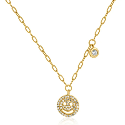 14k Yellow Gold Diamond Smiley Face Necklace