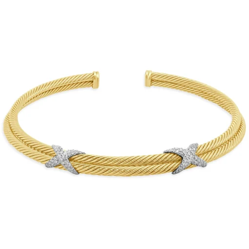 18K Yellow Gold Diamond Triple X Station Collar Necklace