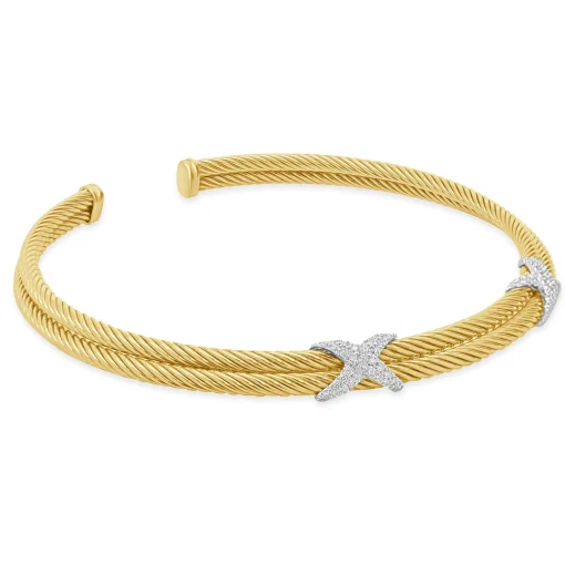 18K Yellow Gold Diamond Triple X Station Collar Necklace
