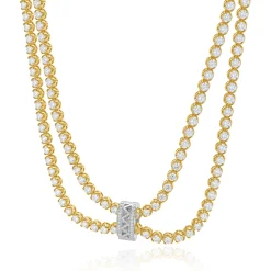14k Yellow Gold Double Row Diamond Tennis Necklace With White Gold Diamond Pendant