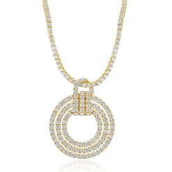 14k Yellow Gold Double Row Diamond Tennis Necklace With Circle Diamond Pendant
