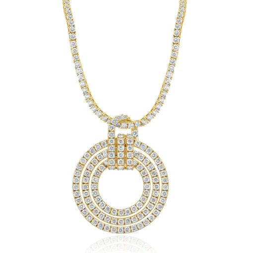 14k Yellow Gold Double Row Diamond Tennis Necklace With Circle Diamond Pendant