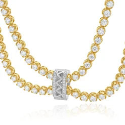 14k Yellow Gold Double Row Diamond Tennis Necklace With White Gold Diamond Pendant