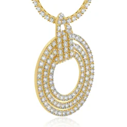 14k Yellow Gold Double Row Diamond Tennis Necklace With Circle Diamond Pendant