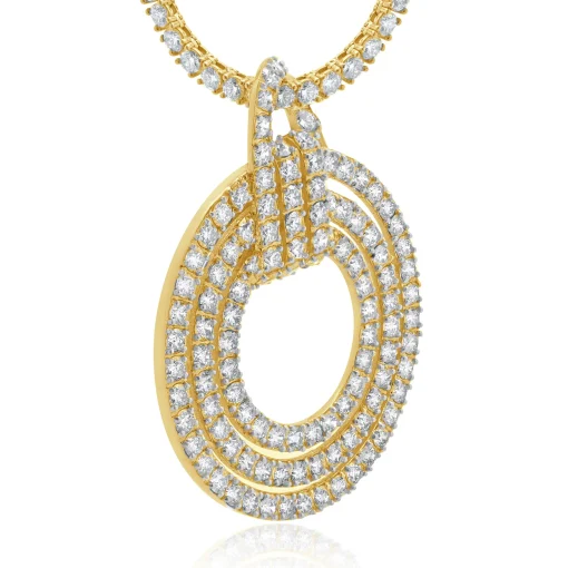 14k Yellow Gold Double Row Diamond Tennis Necklace With Circle Diamond Pendant