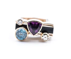 14k Yellow Gold Garnet, Zircon, Diamond, and Onyx Geometric Ring